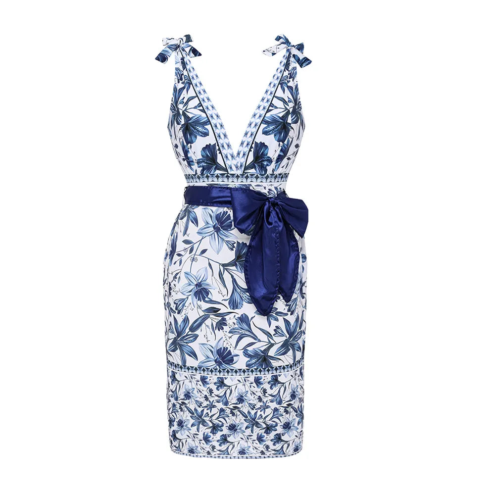 Blue Floral One-Piece Swimsuit with Matching Skirt Set