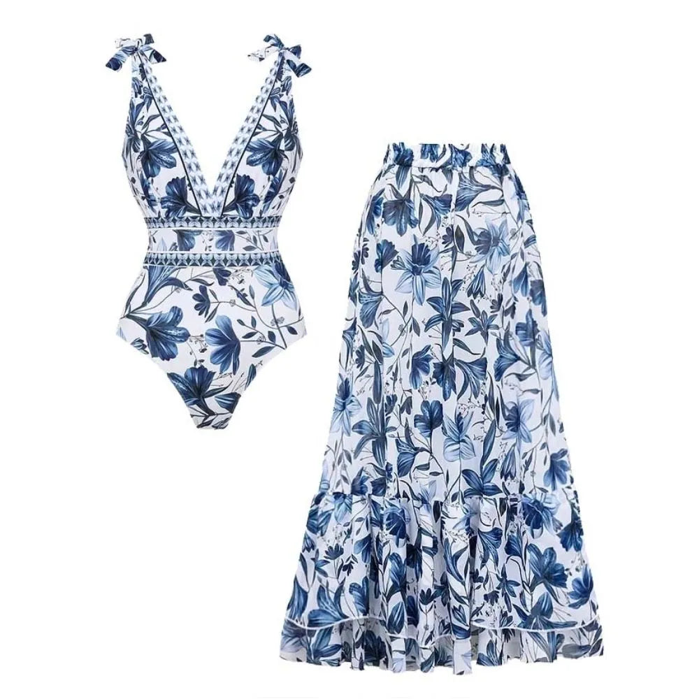 V Neck Lace Up Printed One Piece Swimsuit and Skirt