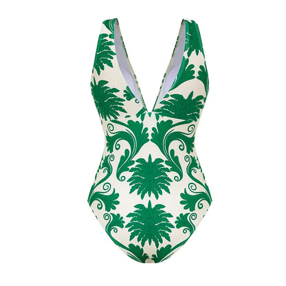 Botanica Set Green Printed One Piece Swimsuit Skirt Set Tummy Control