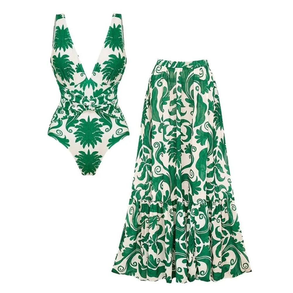 Botanica Set Green Printed One Piece Swimsuit Skirt Set Tummy Control