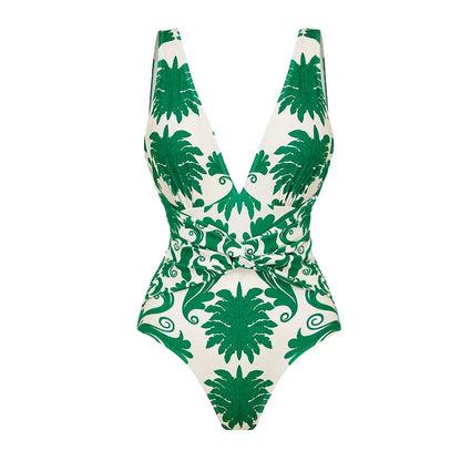 Botanica Set Green Printed One Piece Swimsuit Skirt Set Tummy Control