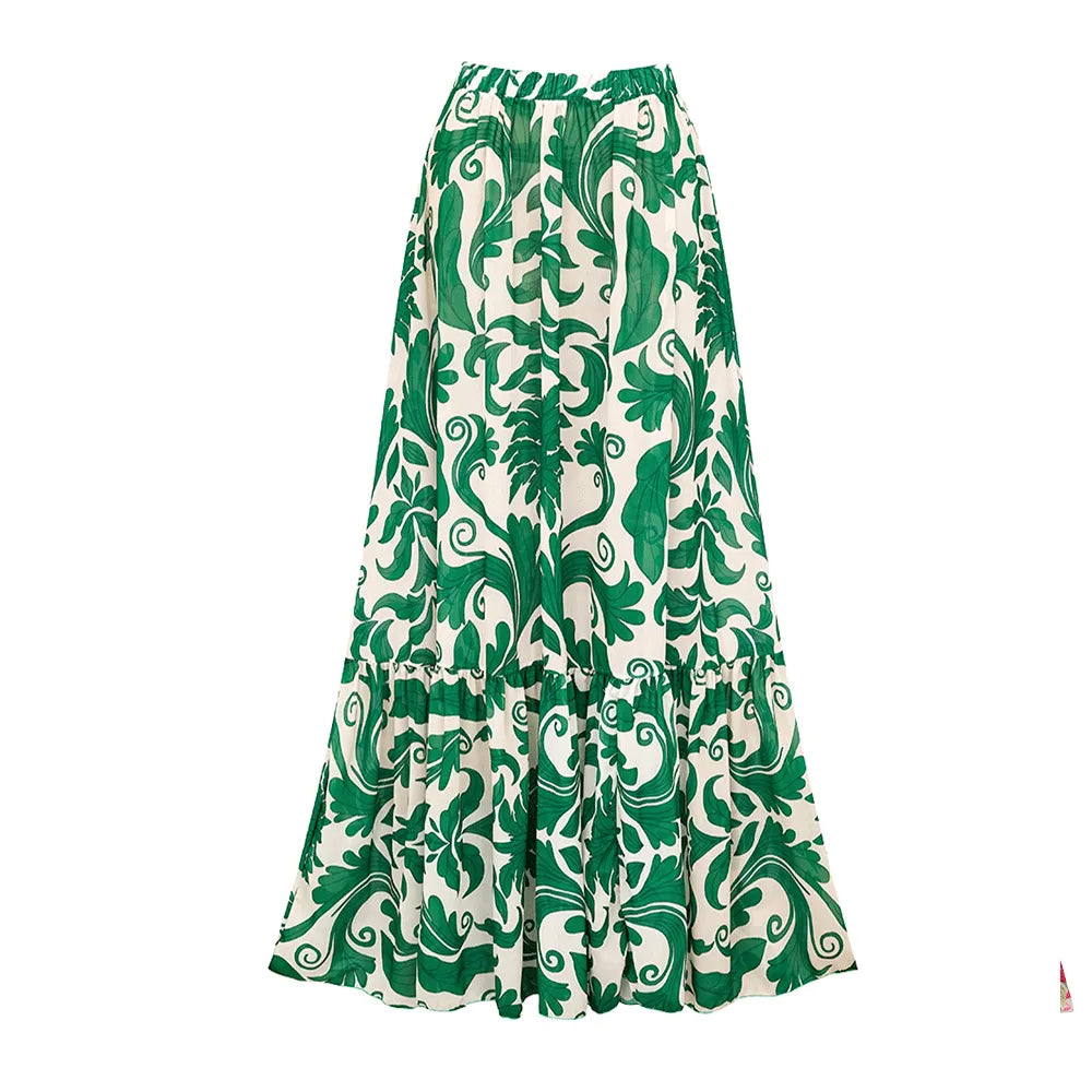Botanica Set Green Printed One Piece Swimsuit Skirt Set Tummy Control