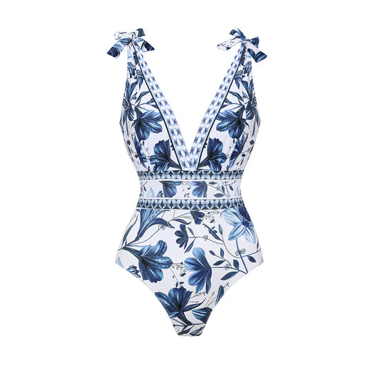 V Neck Lace Up Printed One Piece Swimsuit and Skirt